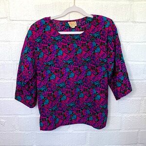 Vintage American Directions Purple Floral Shoulder Pad 3/4 Sleeve Blouse size 12